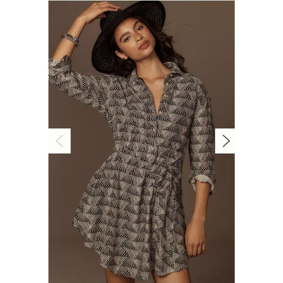 Anthropologie Long-Sleeve Collared Mini Dress Plus Size 1X Black White NWT - Picture 1 of 9